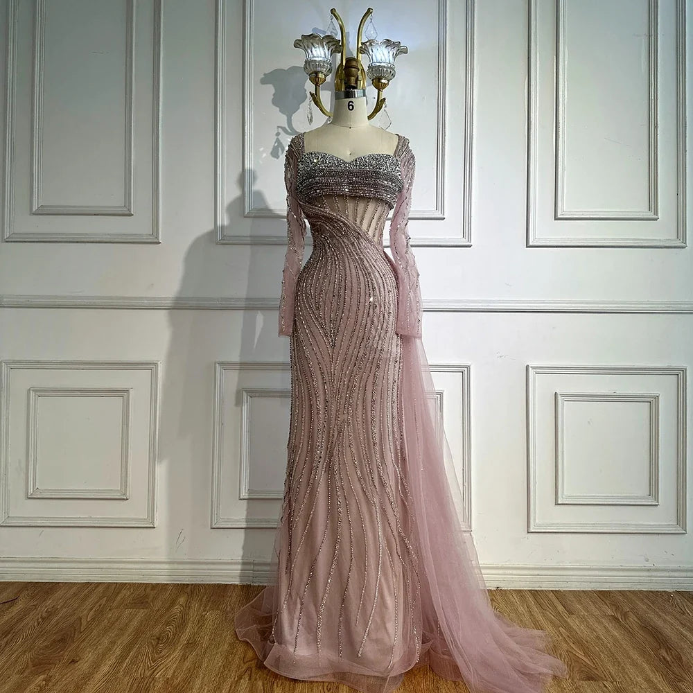 Zapdress Nude Long Sleeves Beaded Evening Dresses with Skirt 2025 Party Gowns for Formal Occasion DLA72812 Customized (ZD17214)