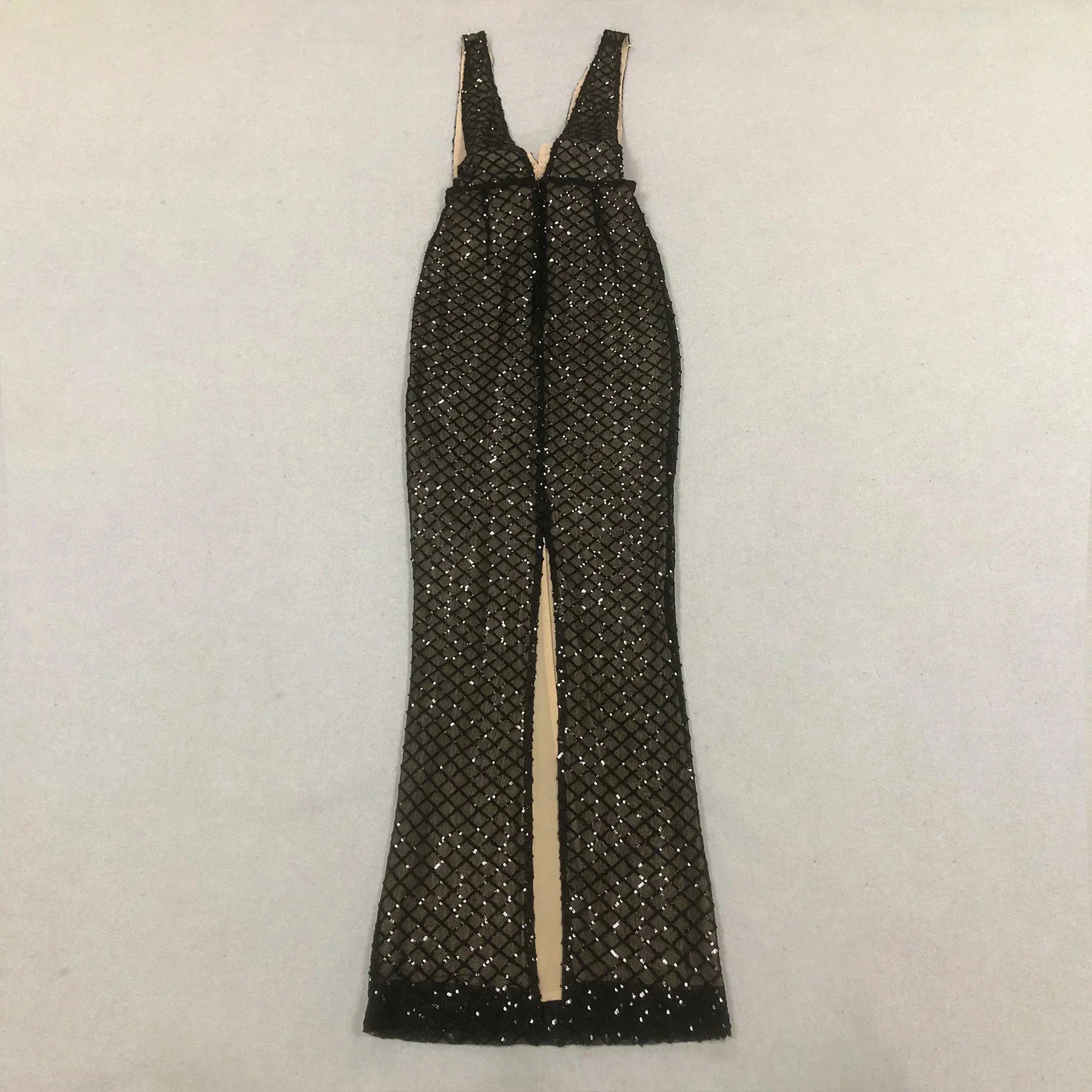 Black Bows Shining Sequin Sexy V-Neck Sleeveless Mesh See Through Long Dress Fashion Woman Evening Dress Celebrity Party Outfit