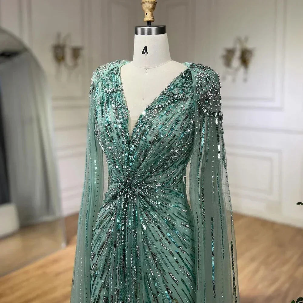 Zapdress V-neck Turquoise Beaded Mermaid Evening Dress with Cape Plus Size Party Gowns for Women DLA72168A Customized (ZD17231)