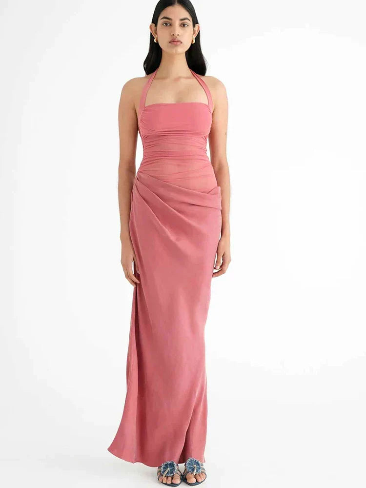 Hollow Patchwork Halter Maxi Dress