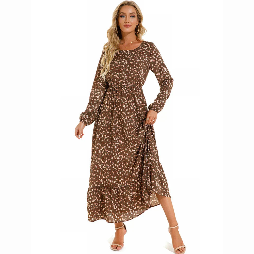 Natasha Effortless Women's Bohemian Floral Chiffon Maxi Dress with Long Sleeves Elevated Occasion Wear