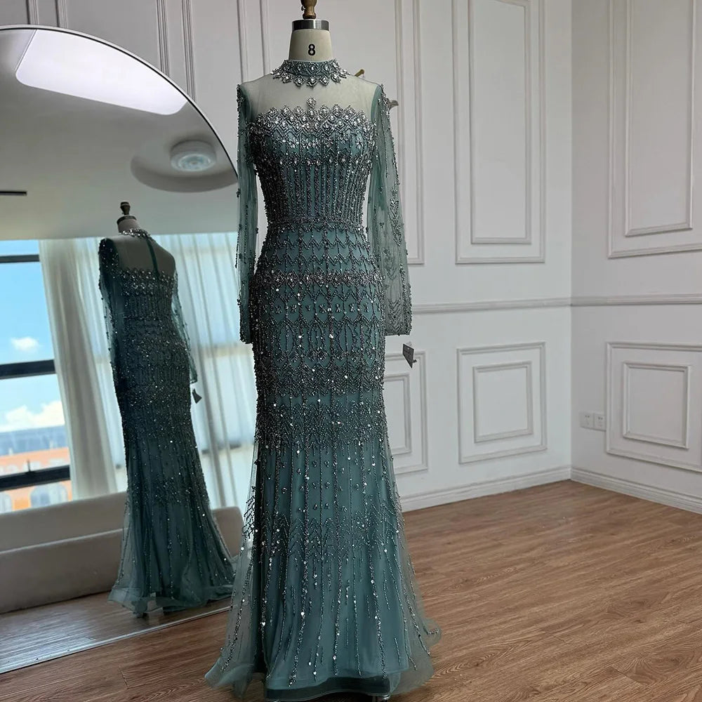 Zapdress High Neck Long Sleeves Beaded Mermaid Evening Dress Muslim Wedding Party Gowns for Women DLA72714C Customized (ZD17264)