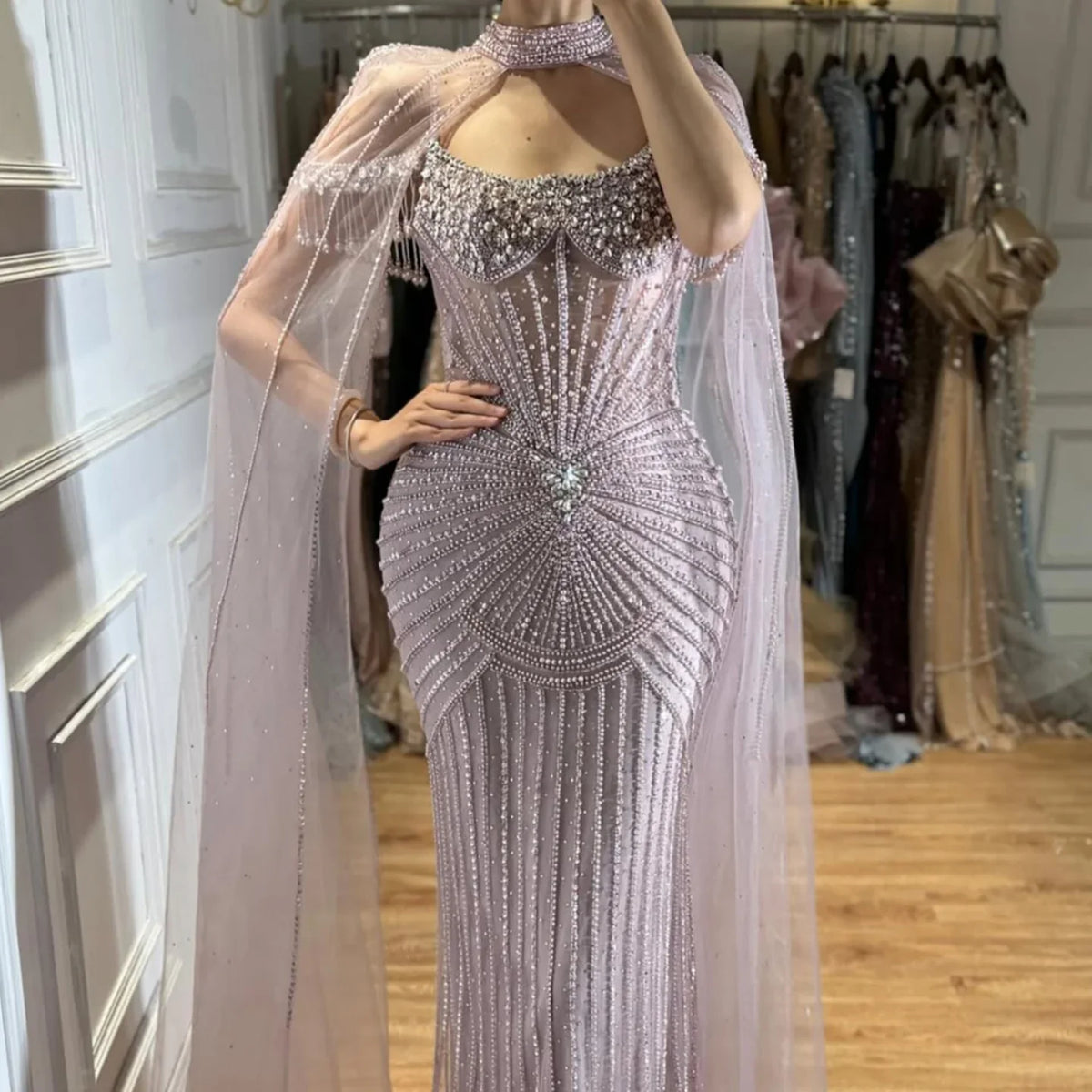 Zapdress 2026 Pearl Beaded Mermaid Caramel Evening Dresses Elegant Formal Party Gown with Sheer Cape Customized DLA73148C (ZD17292)