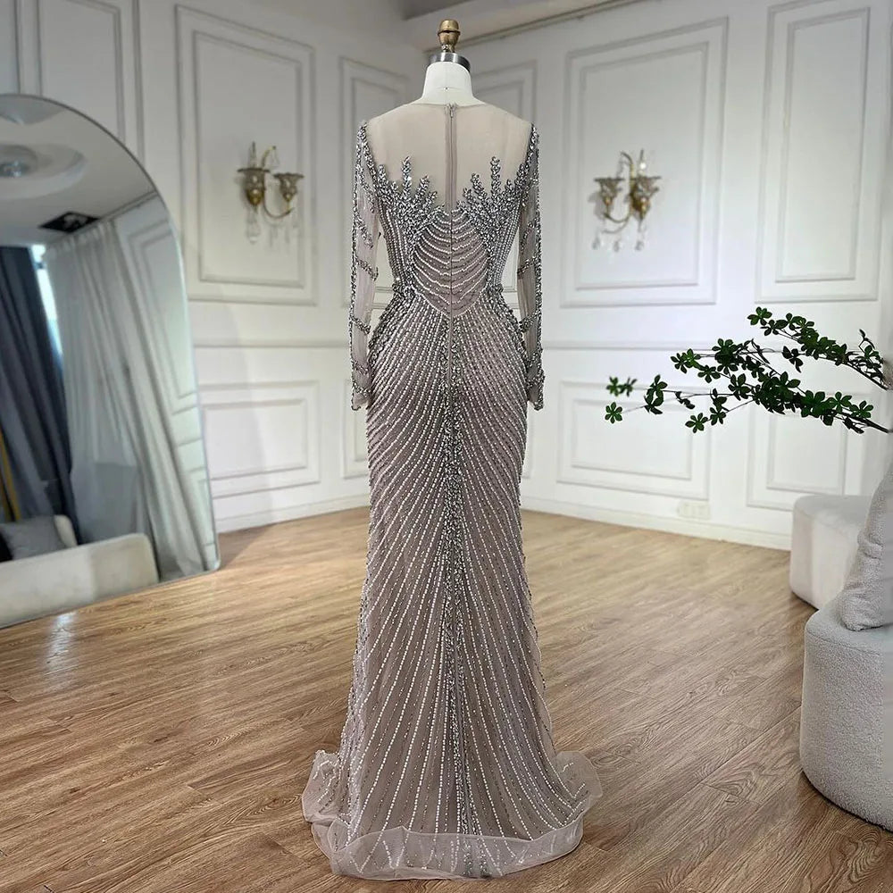 Zapdress Customized Sliver Nude Long Sleeves Pearls Beaded Luxury Evening Dresses Formal Party Gowns for Women (ZD17275)