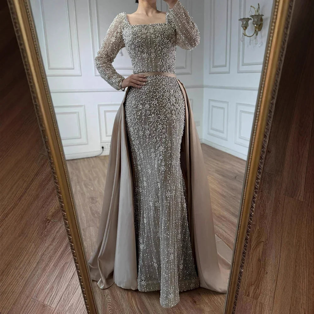 Zapdress Turquoise Square Collar Mermaid Beaded Evening Dress Overskirt Party Gowns with Long Sleeves Customized DLA72533A (ZD17193)