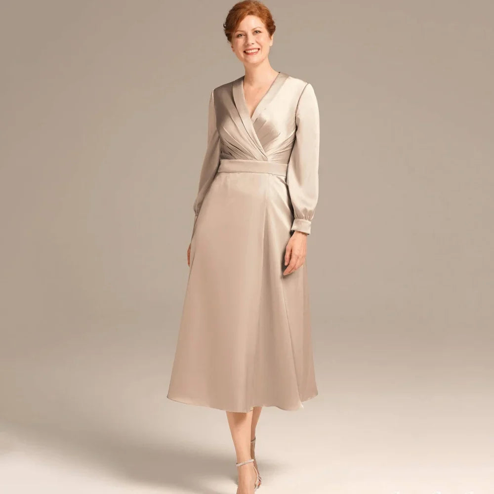 Customized Simple V Neck Mother Dresses Elegant Long Sleeve Wedding Party Gowns Mid-calf Length A Line Formal Bridal Dress