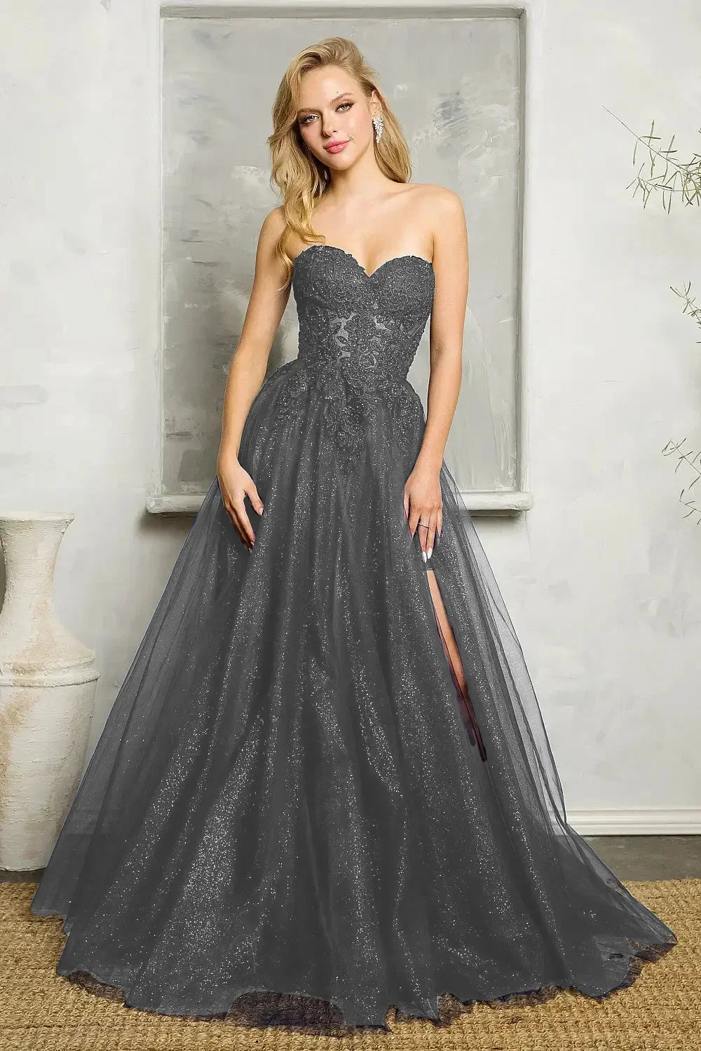 Navy Blue Lace Tulle Prom Dress - View 2 | VelvetHem