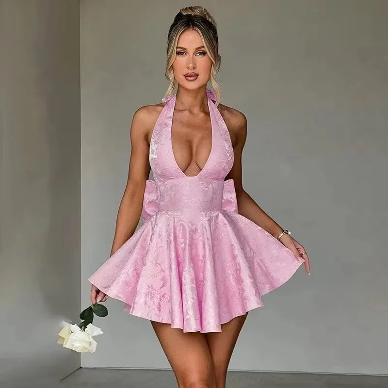 Bow Backless Jacquard A Line Mini Dress - View 4 | VelvetHem