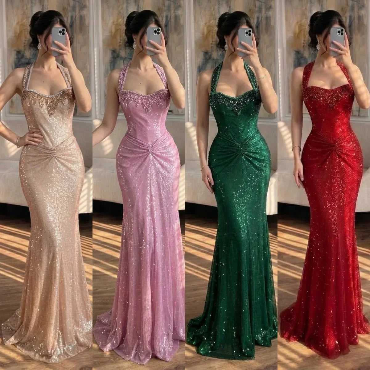 Zapdress Rose Gold Mermaid Beaded Evening Dress Elegant Sparkly Wedding Party Gown with Ruched Waist DLA73410B Customized (ZD17276)