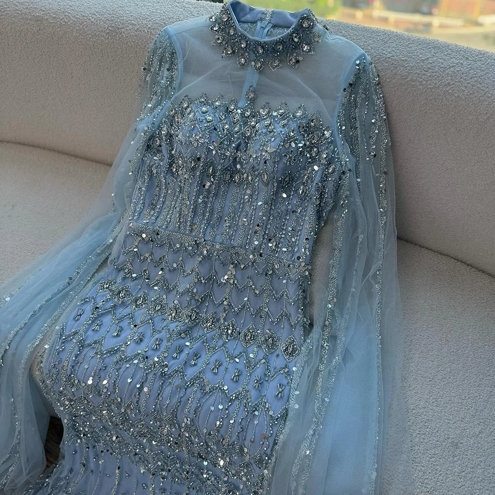 Zapdress Dubai Blue Beaded Evening Dress with Cape Sleeves 2025 Formal Party Gowns for Women DLA72714A Customized (ZD17279)