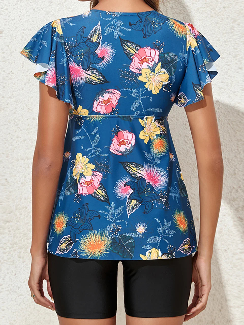 V Neck Print Drawstring Tankini Two Piece Set