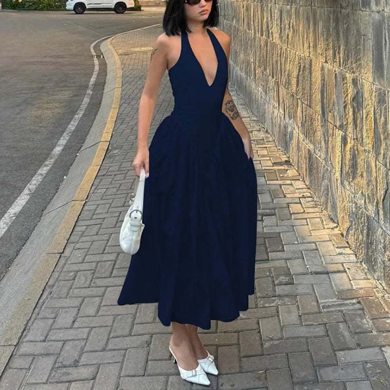 Backless Deep V Spliced Long Midi Dress - View 11 | VelvetHem