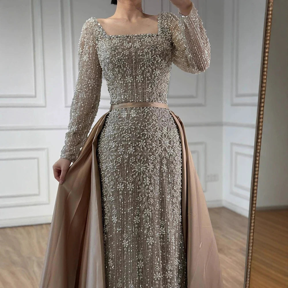 Zapdress Turquoise Square Collar Mermaid Beaded Evening Dress Overskirt Party Gowns with Long Sleeves Customized DLA72533A (ZD17193)