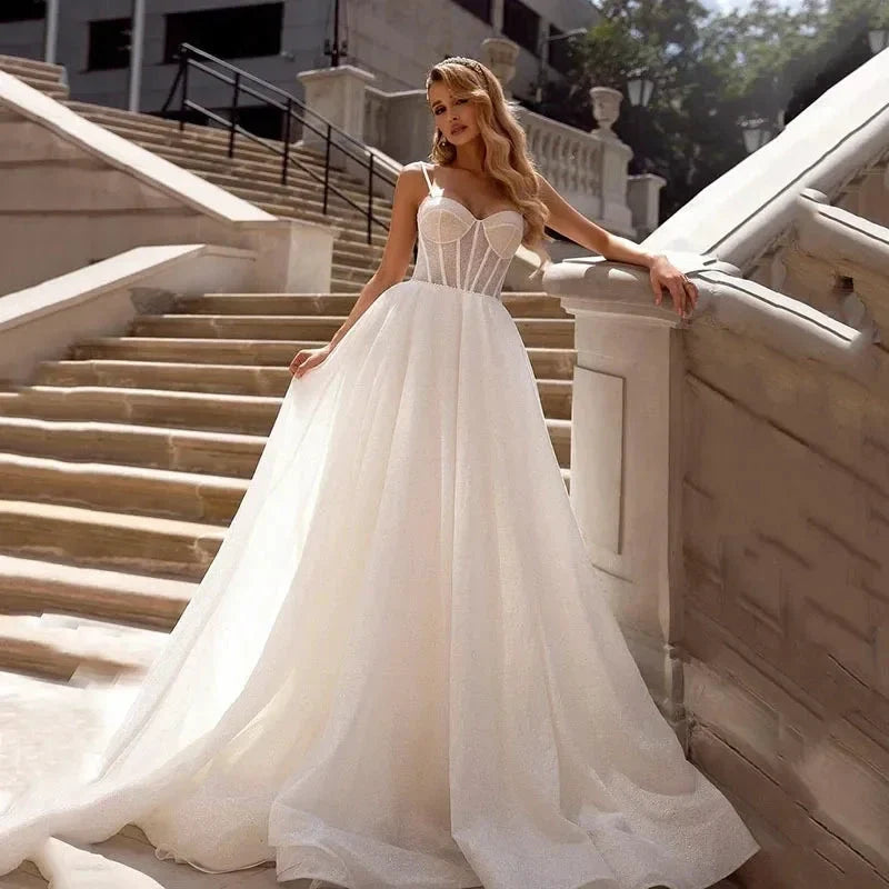 Simple Wedding Dresses With Shiny Tulle Sexy Spaghetti Straps Vestidos De Novia Custom-Made Vestido De Noiva by payinti
