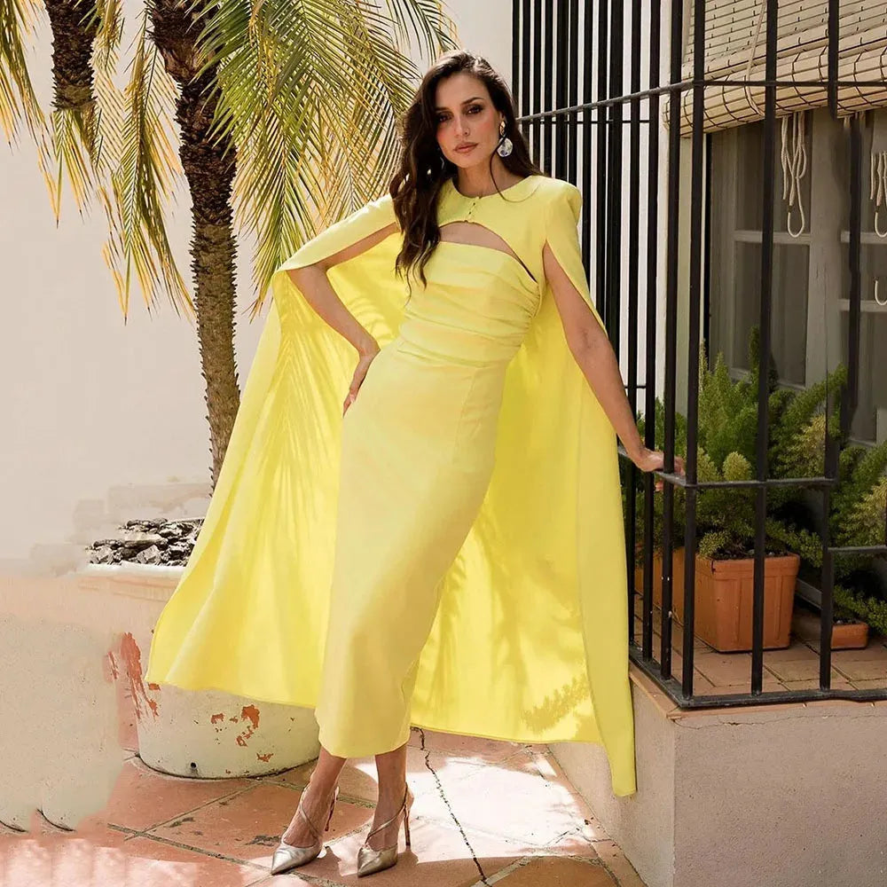 Yellow Mermaid Evening Dress With Cape Satin Special Occasion Dress Prom Gown Summer Party Wedding Guest Dress As Picture
