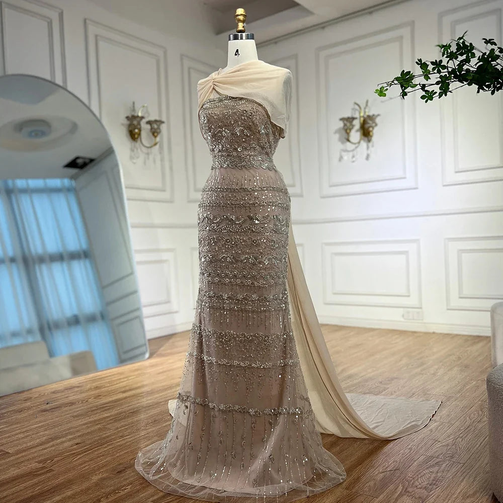 Zapdress 2026 Customized Nude Mermaid Sleeveless Evening Dress with Long Cape Dubai Wedding Party Gowns for Women DLA72126B (ZD17331)