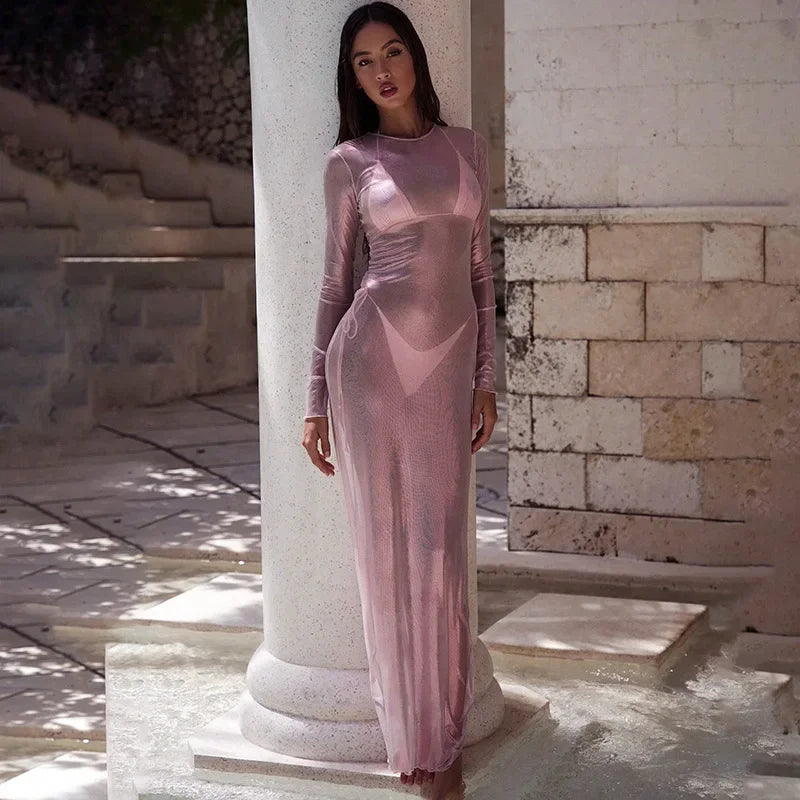O - neck Full Sleeve Solid Color Mesh Dress