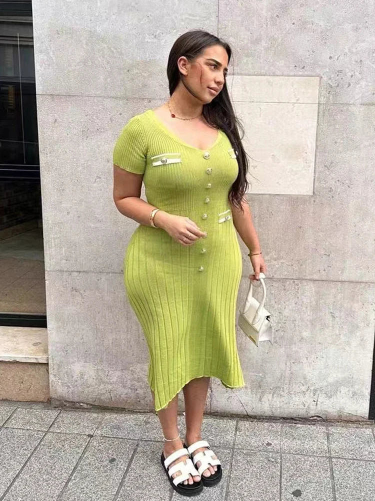 V-Neck Knitted Short Sleeve Button Work Dress - View 7 | VelvetHem