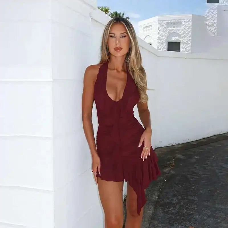 Ruffled Wrap Halter Backless Mini Summer Dress - View 3 | VelvetHem