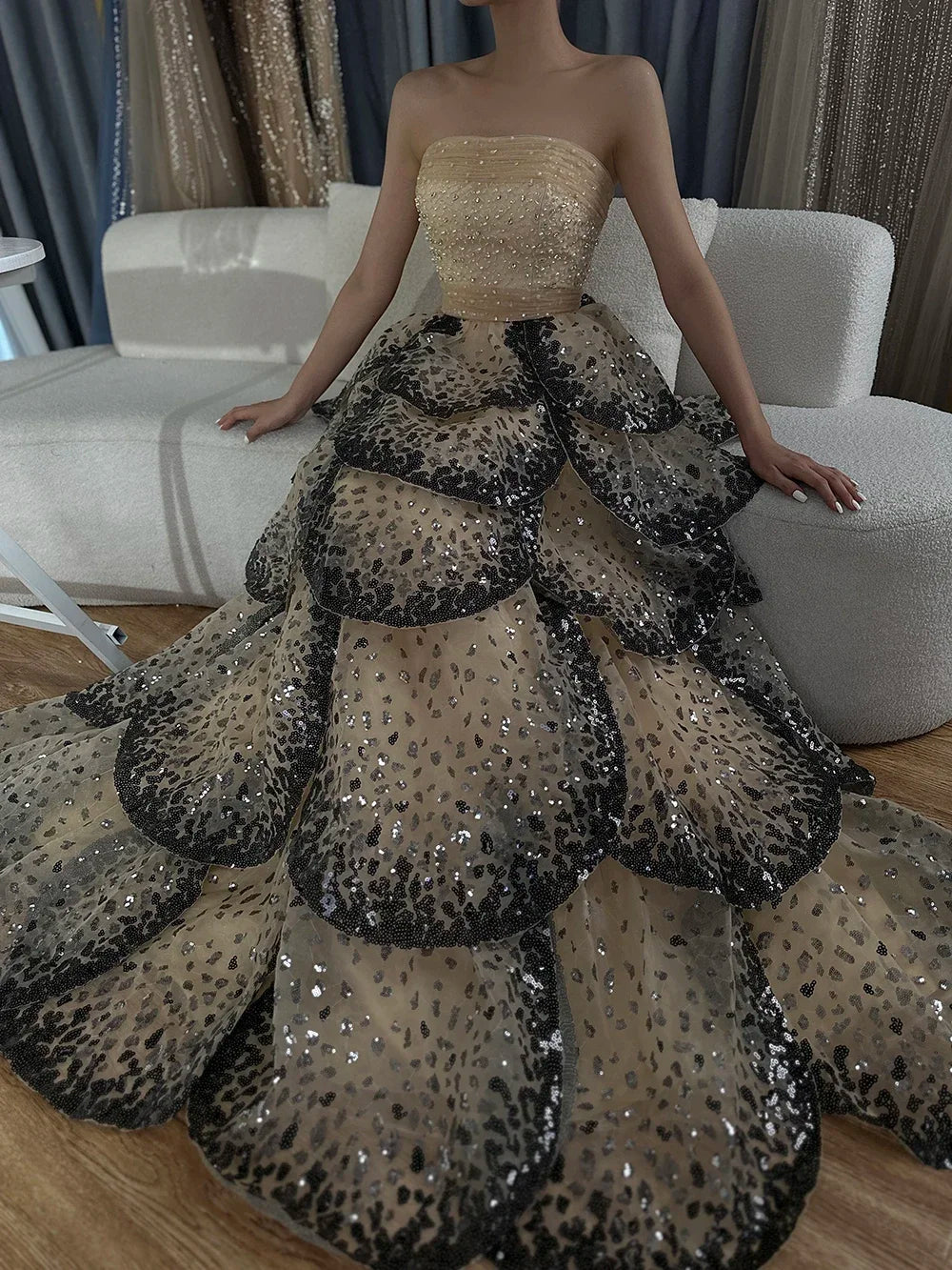 Zapdress Customized 2025 Black Nude Strapless Evening Prom Dresses Sequined Tiered A-line Party Gowns for Women DLA72505A (ZD17188)