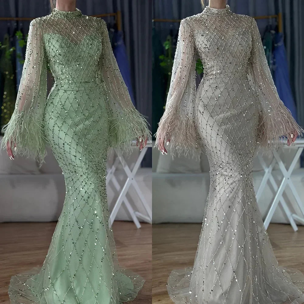 Customized 2025 Dubai Green Grid Cut Out Lace Beaded Feathers Sleeves Elegant Dresses Gowns for Formal Occasion DLA72394A (ZD17185)
