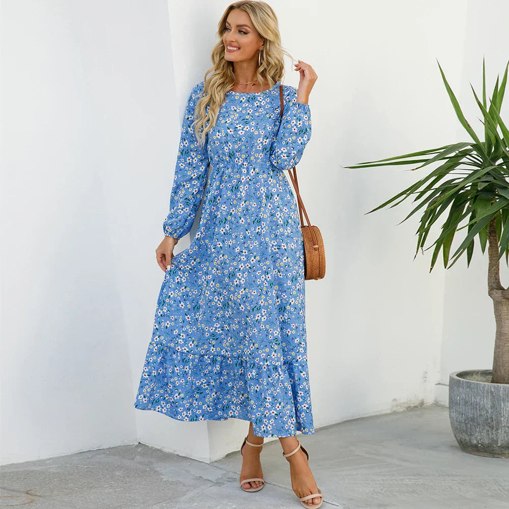 Natasha Effortless Women's Bohemian Floral Chiffon Maxi Dress with Long Sleeves Elevated Occasion Wear