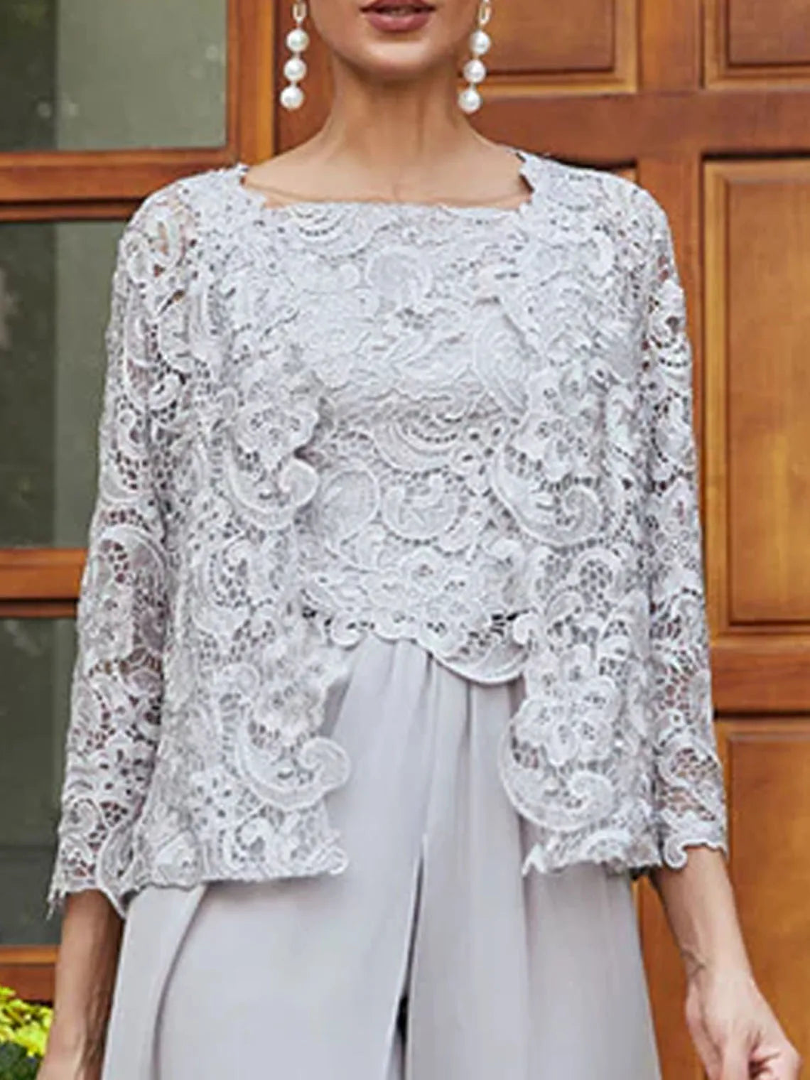 Mother Of The Bride Dress - Elegant 3 Piece Evening Dress Chiffon Lace Square Neck 3/4 Sleeve Floor-Length Appliques Jacket Prom GownFree Customized