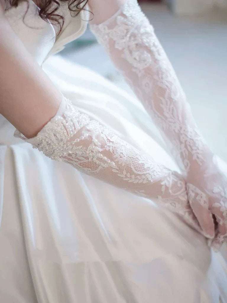 Lace Long Bridal Gloves Flower Wristband Pearl Wedding Glove For Women Girl Party Evening Dress Jewelry Brides Accessories