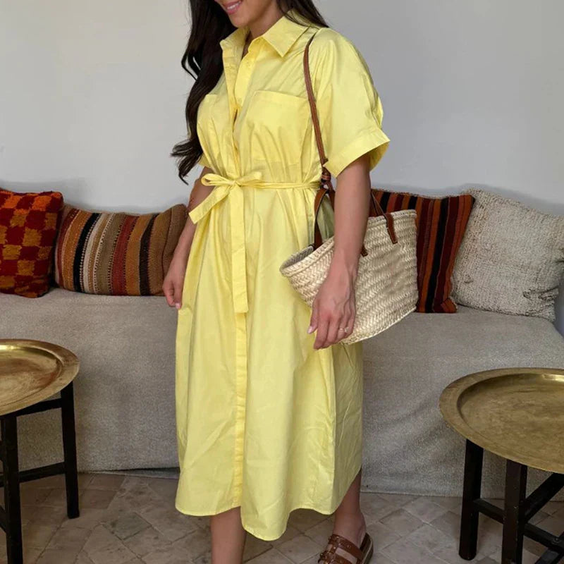 Lapel Tie Up Short Sleeve Single Breasted Long Work Dress - View 5 | VelvetHem