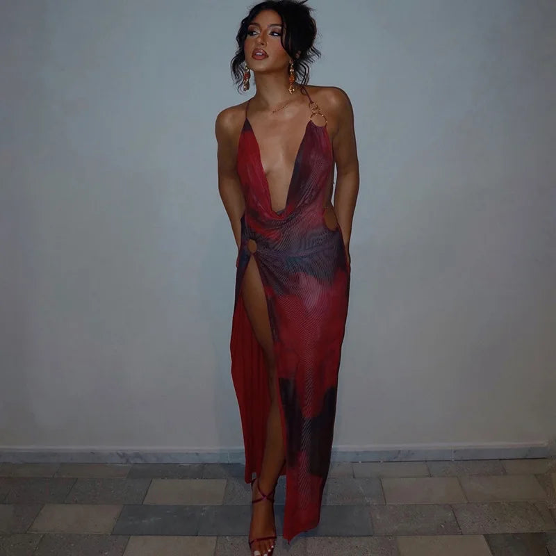 Backless Split Red Summer Beach Vacation Dresses