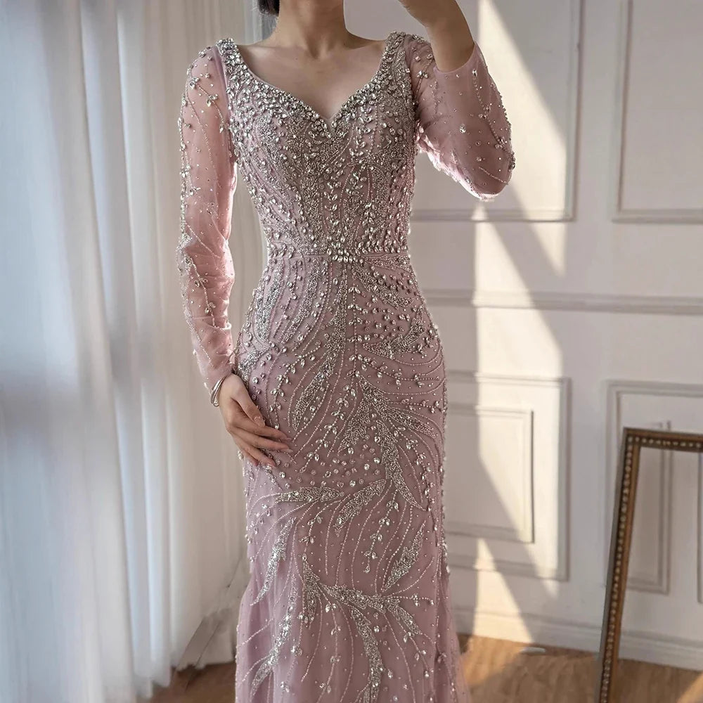 Zapdress Pink V-neck Long Sleeves Mermaid Luxury Beaded Evening Dress 2026 Wedding Party Gowns DLA73191 Customized (ZD17300)