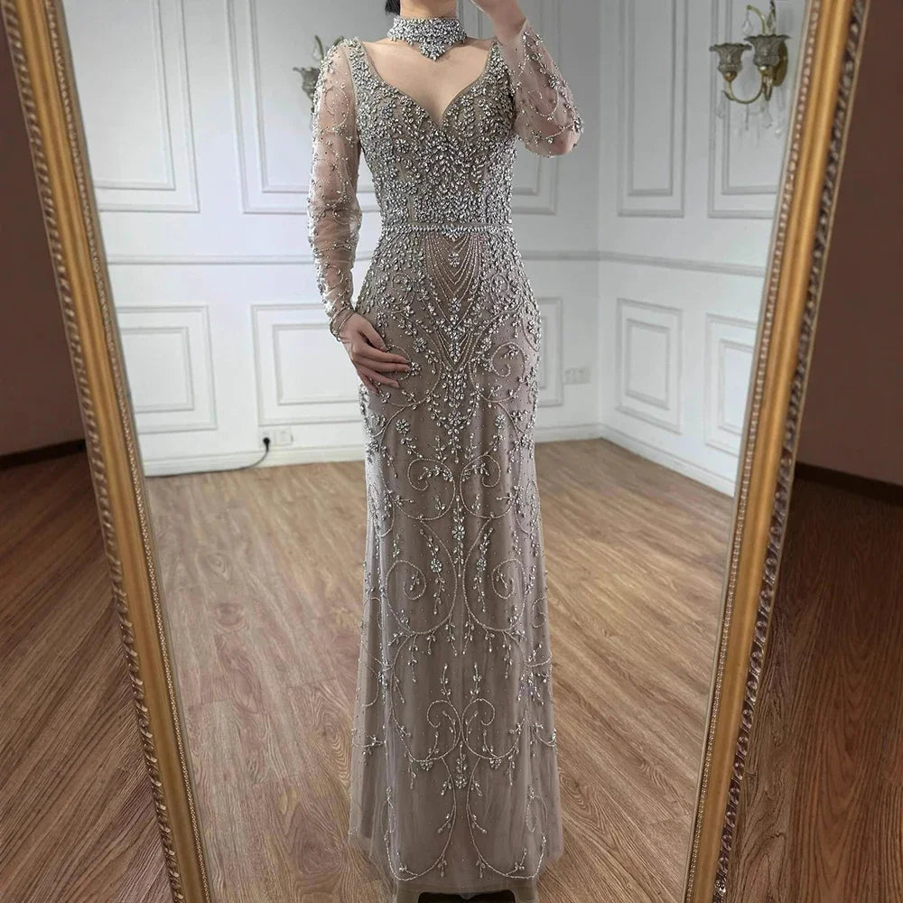 Zapdress Customized Turquoise Evening Dresses with Neck Lace 2026 Long Sleeves Mermaid Beaded Elegant Party Gowns DLA73042B (ZD17172)