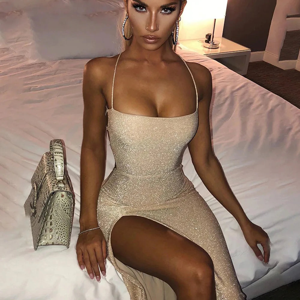 Diamond Low-Neck Backless Lace Up Slip Dress