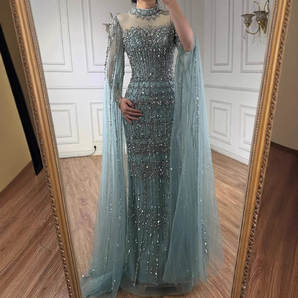 Zapdress Dubai Blue Beaded Evening Dress with Cape Sleeves 2025 Formal Party Gowns for Women DLA72714A Customized (ZD17279)