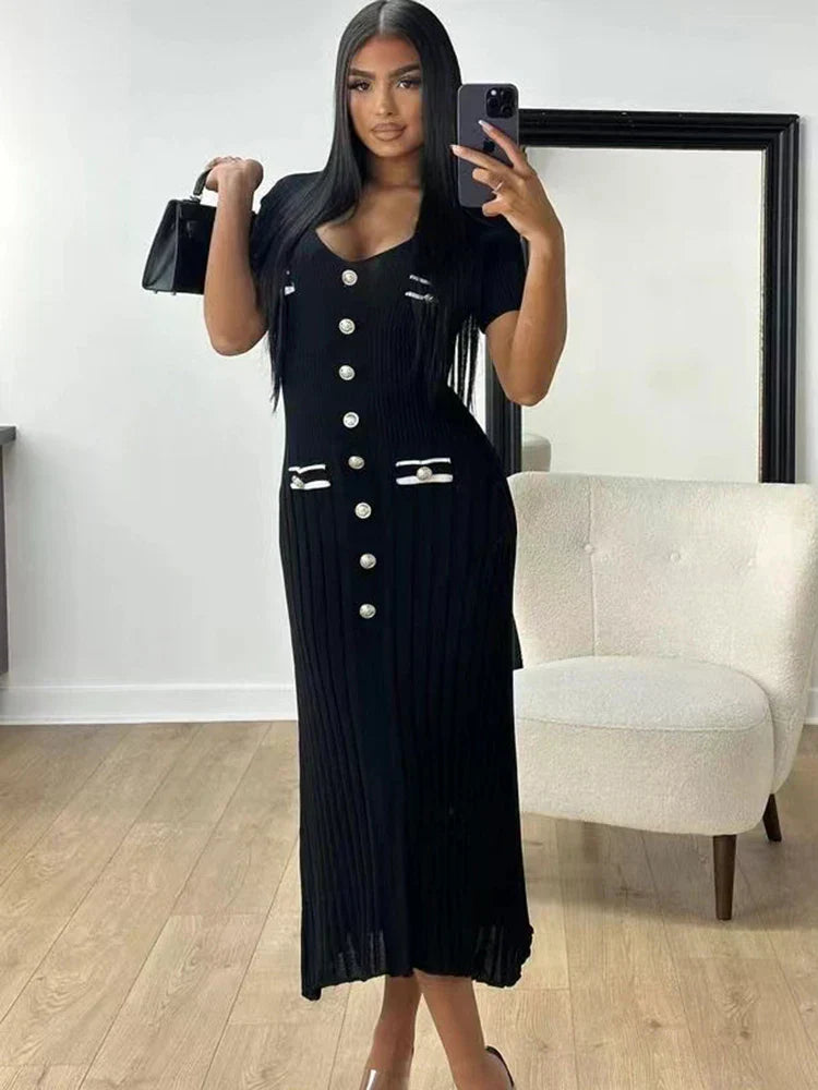 V-Neck Knitted Short Sleeve Button Work Dress - View 2 | VelvetHem