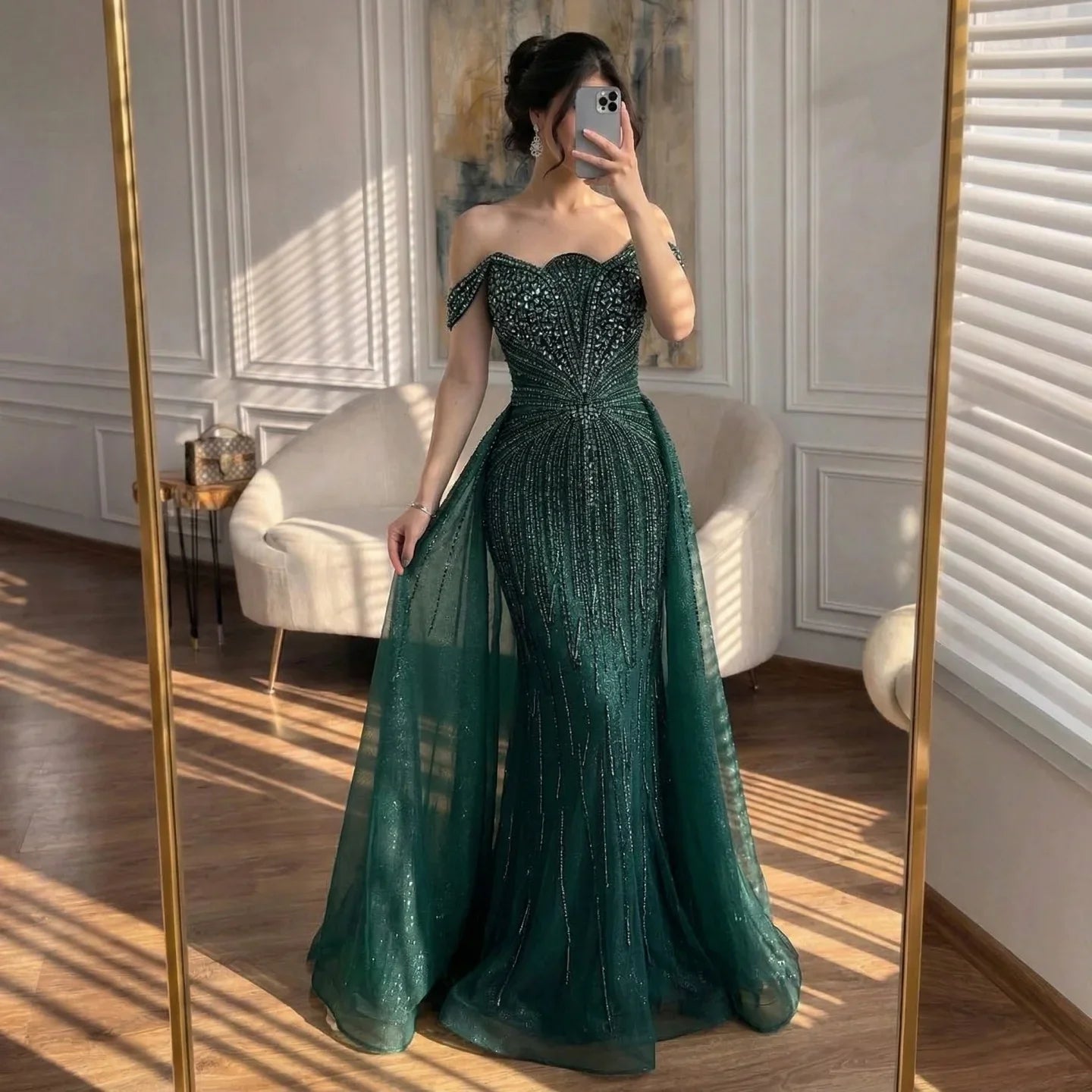 Zapdress Green Mermaid Beaded Evening Party Gown 2026 Elegant Off-Shoulder Runway Dress with Overskirt Customized (ZD17288)