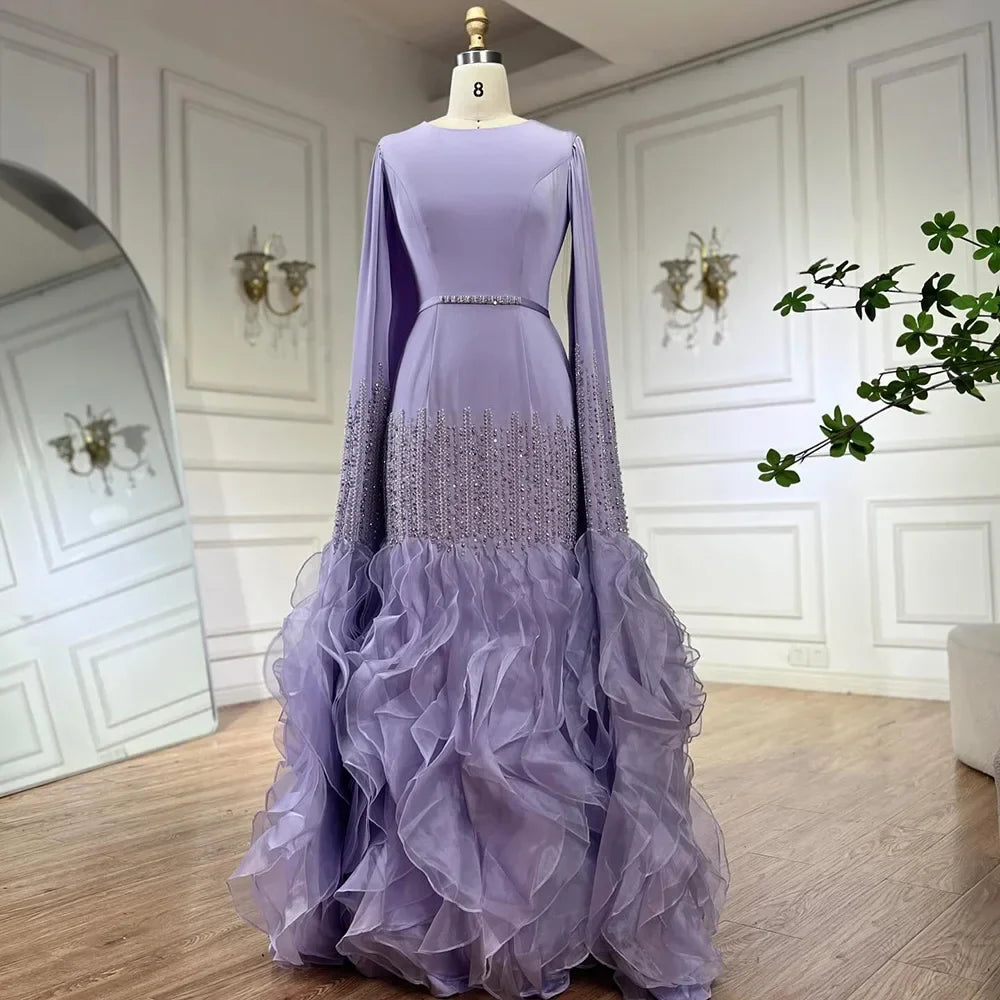 Zapdress 2025 Champagne Mermaid Luxury Cape Sleeves Beaded Satin Saudi Evening Dresses Gowns for Party DLA72317A Customized (ZD17235)