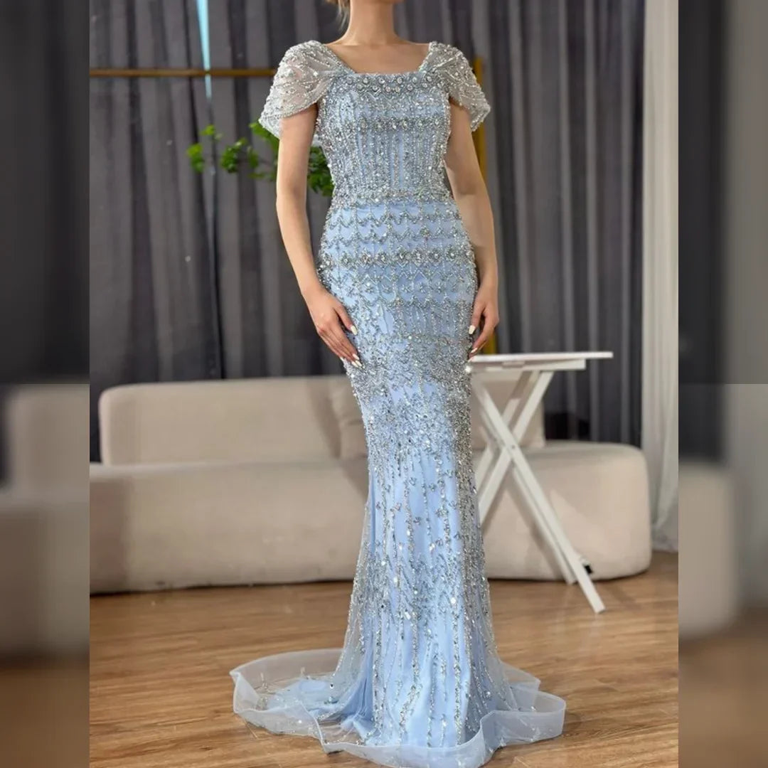 Zapdress Blue Mermaid Beaded Evening Dresses with Detachable Sleeves Elegant Party Gowns for Women DLA72714 Customized (ZD17361)