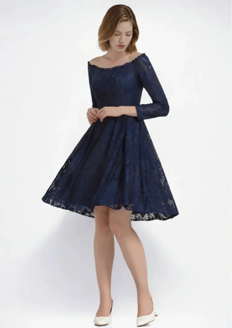 Elegant A-Line Prom Evening Dress Lace Off-the-Shoulder 3/4 Sleeve Pleated Knee-Length Wedding Guest Dress Free Customized