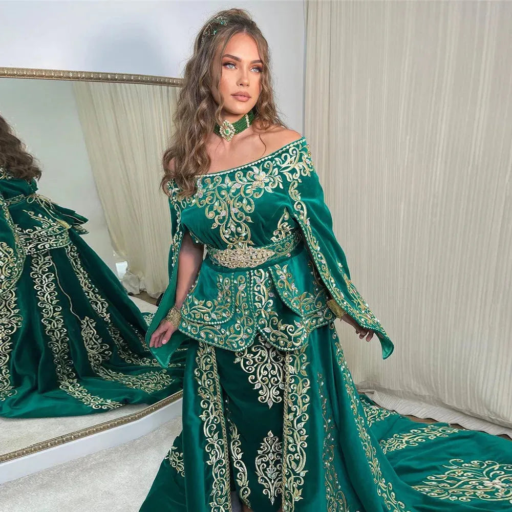 Arabic Mermaid Velvet Evening Dress Boat Neck Lace Applique 3 Pieces Belt Prom Gown Floor Length Algerian Outfit Green