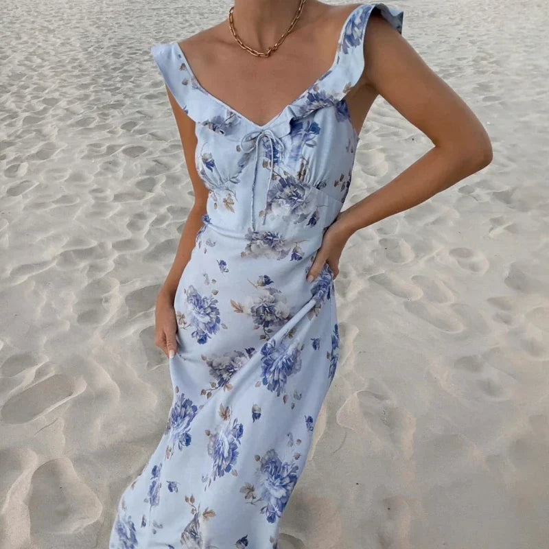 Floral Ruffle Halter Backless Maxi Dress - View 4 | VelvetHem