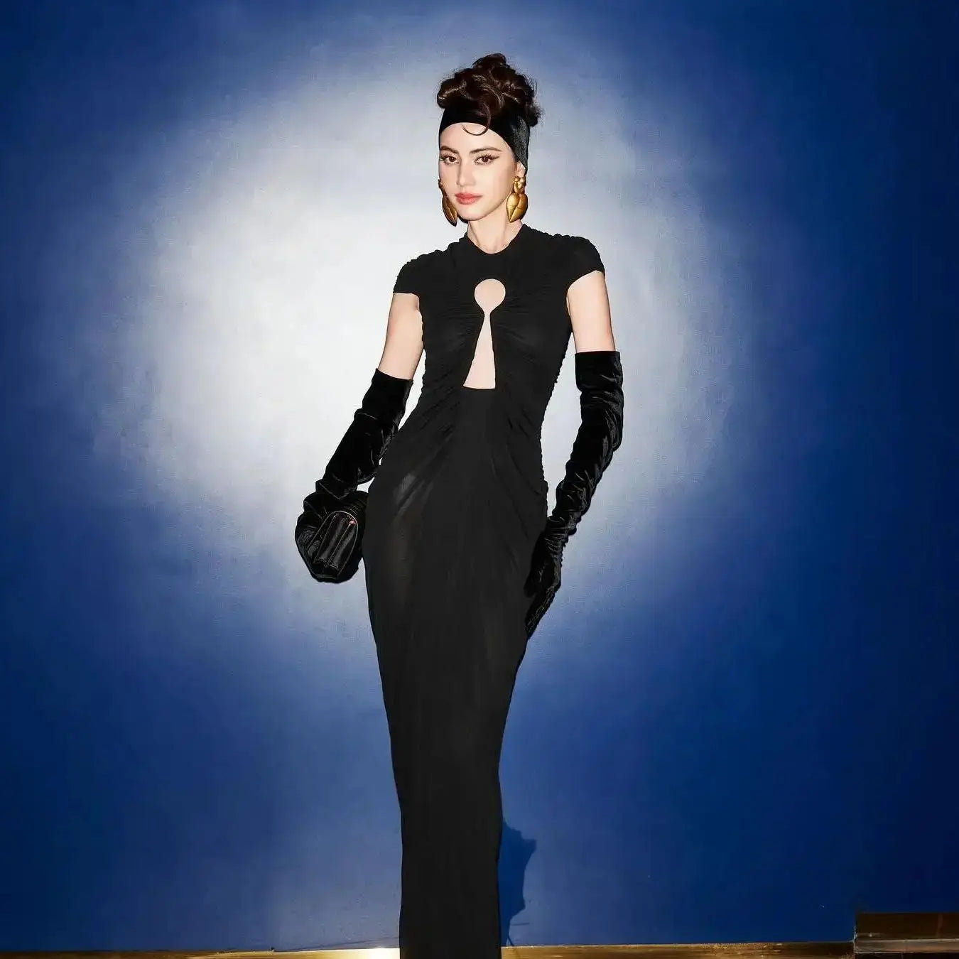 Sexy Hollow Out SeeThrough Mesh Ankle Leng Evening Dress Fashion Woman Birthday Party Vestido Celebrity Evening Party Outfit black