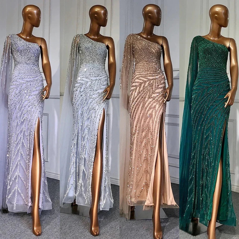 Zapdress Customized Gold Mermaid Beaded One Shoulder Cape Sleeve Evening Dresses Split Elegant Party Gowns For Women (ZD17236) - View 6 | VelvetHem