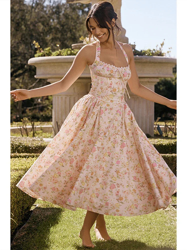 Print Wrap A-line Halter Midi Summer Dress - VelvetHem