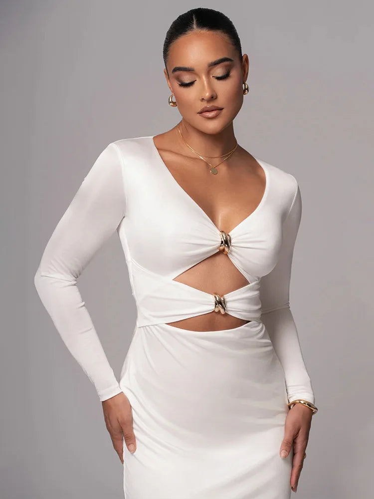 Hollow Long Sleeve Bodycon Midi Dress - View 7 | VelvetHem