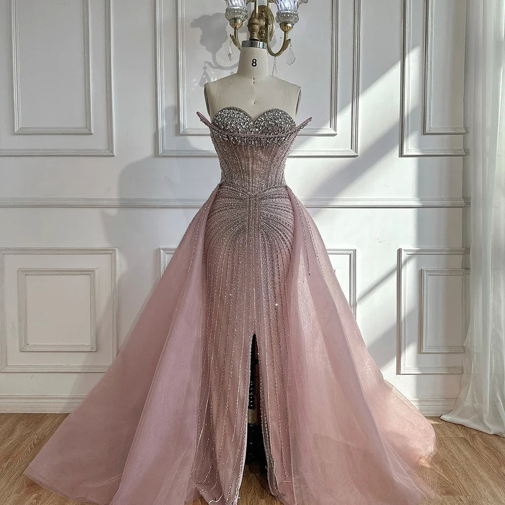 Zapdress Customized 2025 Pink Crystal Beaded Saudi Mermaid Evening Dresses Gowns with Overskirt for Formal Occasion (ZD17225)