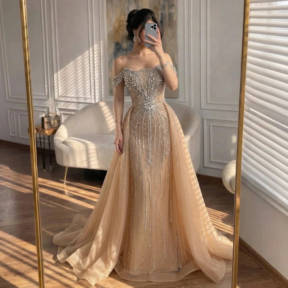 Zapdress Green Mermaid Beaded Evening Party Gown 2026 Elegant Off-Shoulder Runway Dress with Overskirt Customized (ZD17288)