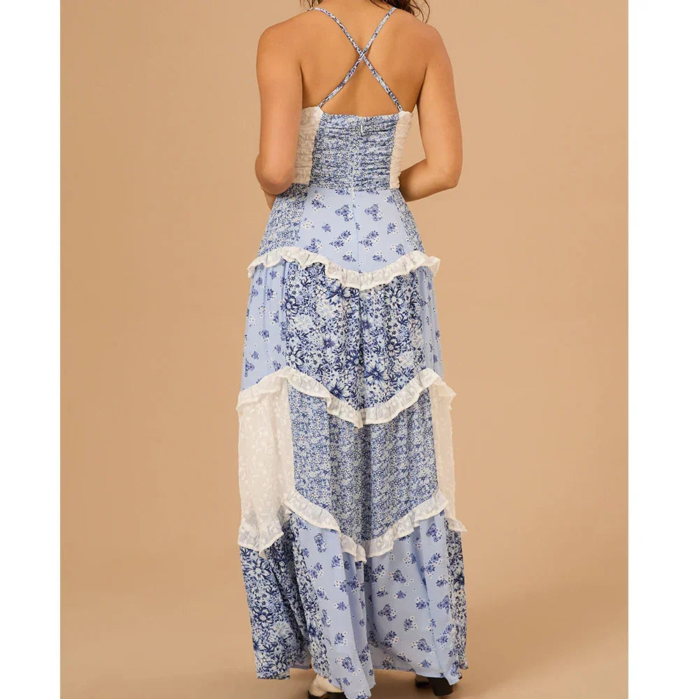 Boho Tie Shoulder Patchwork Floral Dress - View 5 | VelvetHem