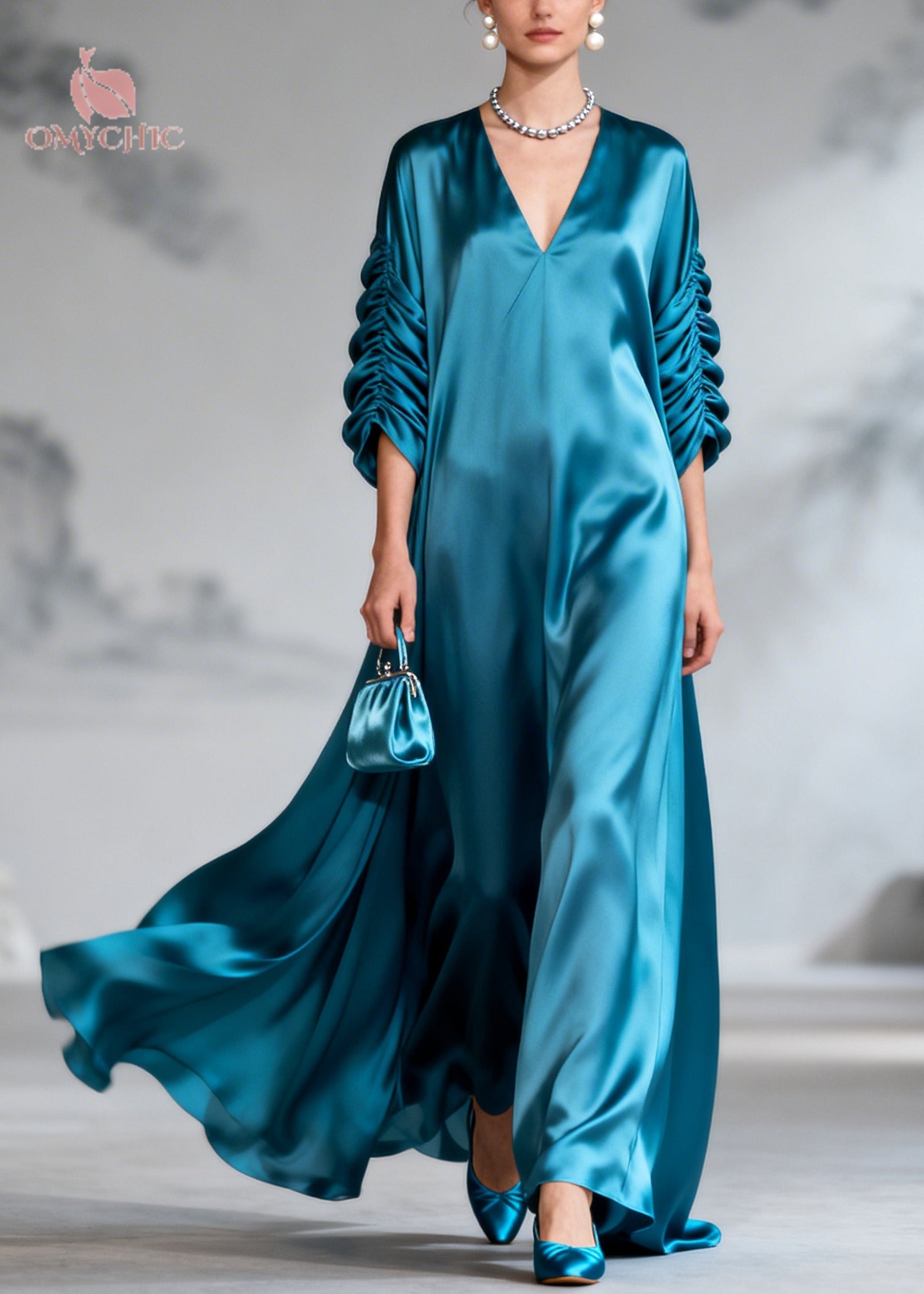 Sea Blue Draping Silk Dress Oversized Wrinkled Summer