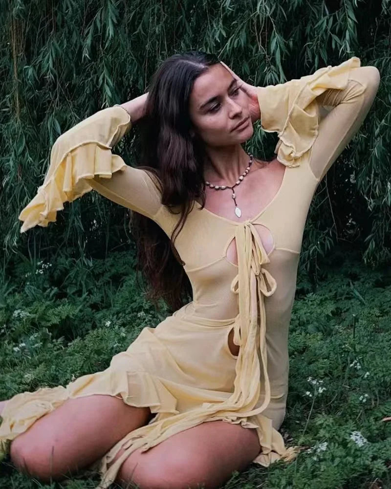 Summer Slim - Fit See - Through V - Neck Long Sleeve Dress